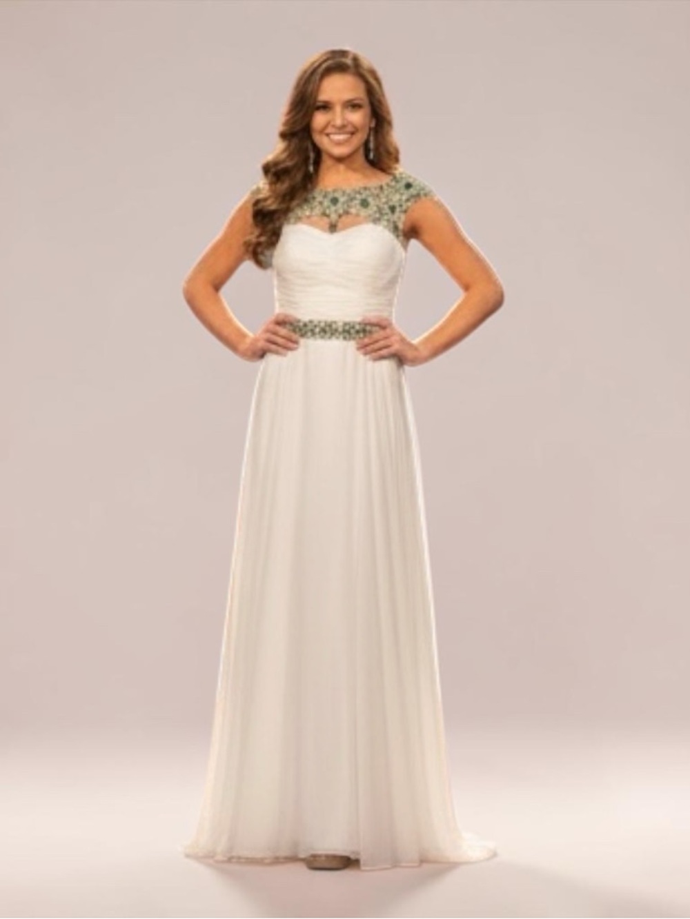 Sherri Hill White Maxi Gown w/Green/Aqua/Clear Beading Accents- All Eyes on You!
